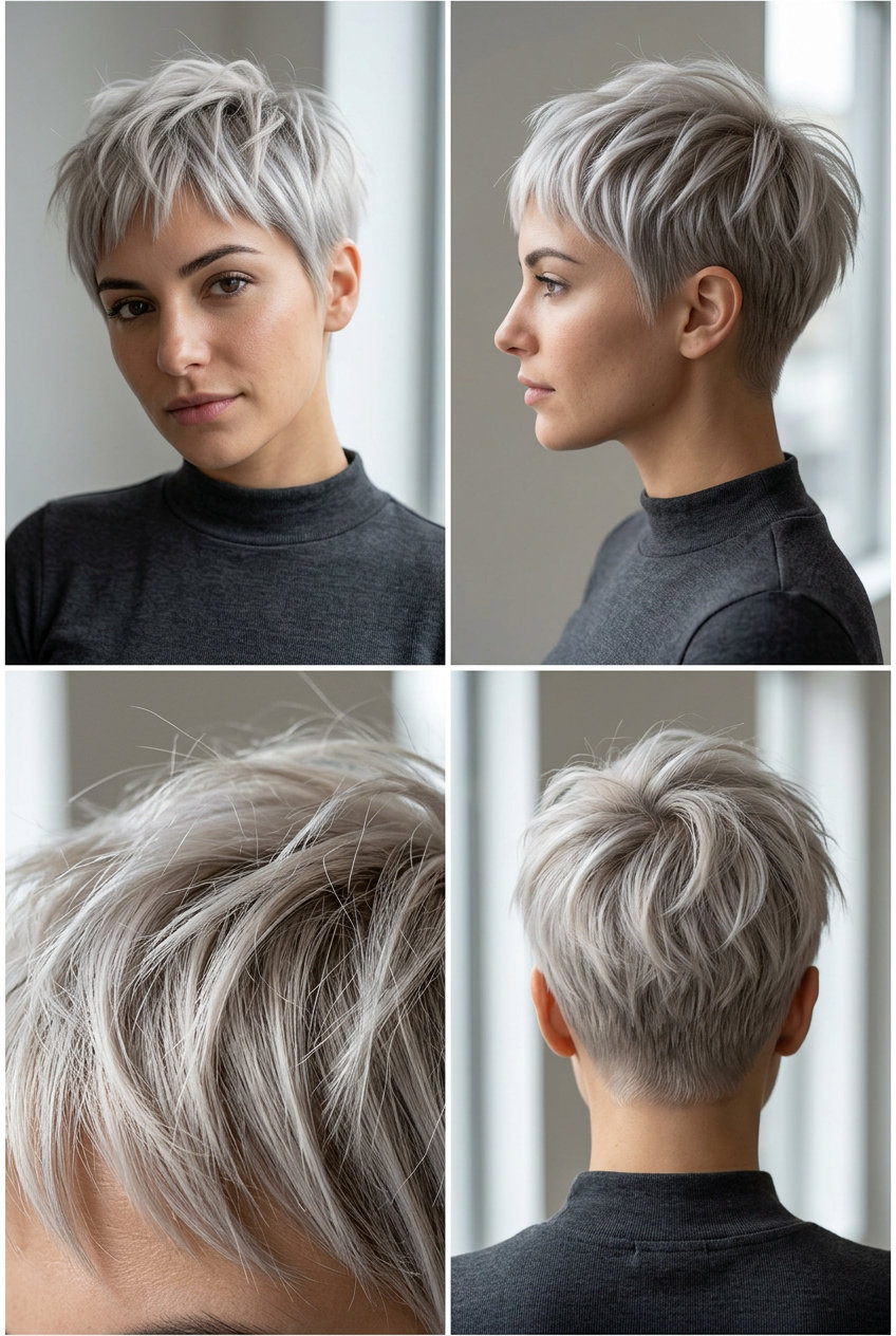 very short razored pixie haircut with cool ash blonde, charcoal root smudge, textured layers for summer