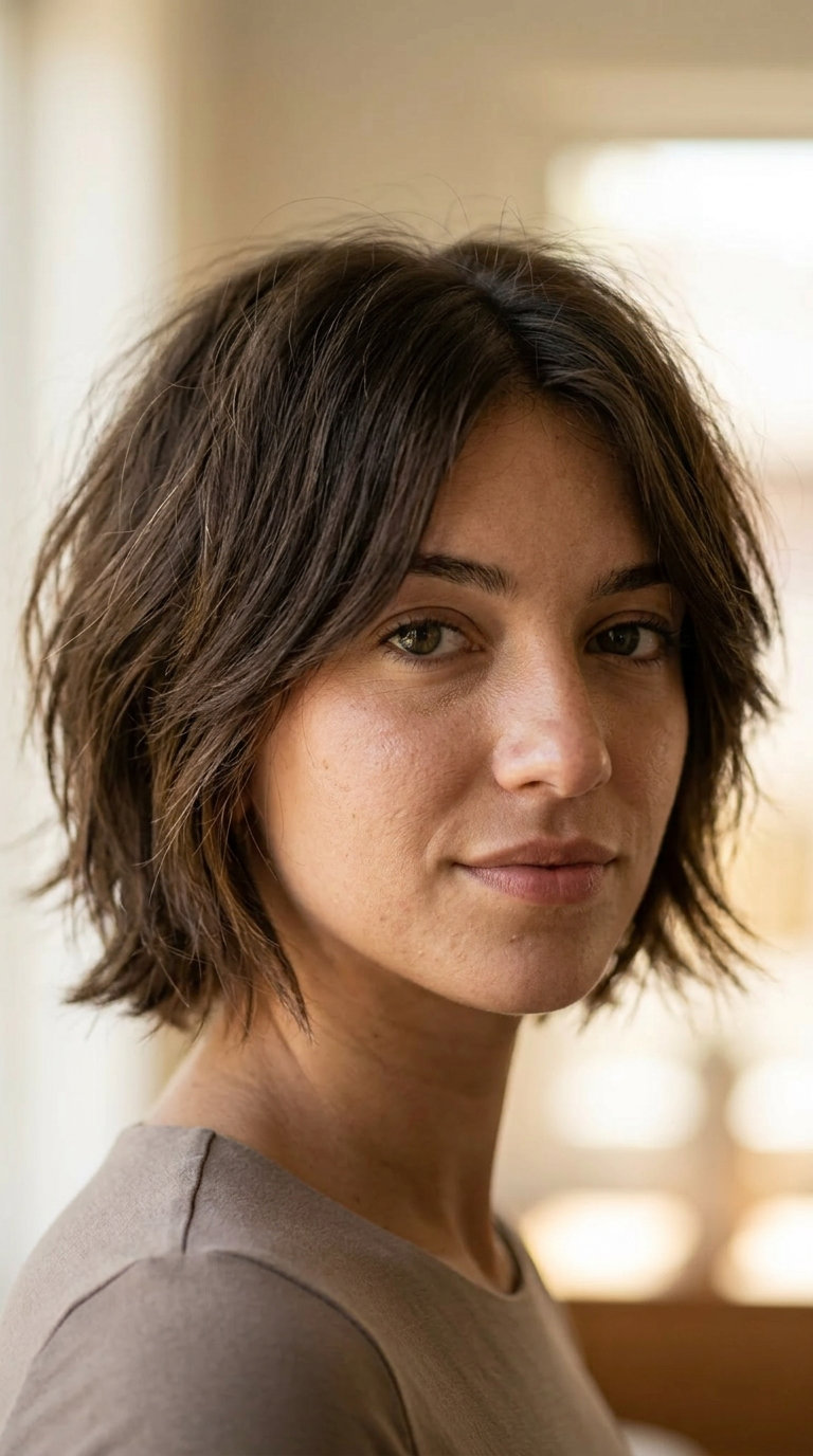 bob-length messy wolf cut with cool ash brown, choppy layers, baby bangs — playful, edgy