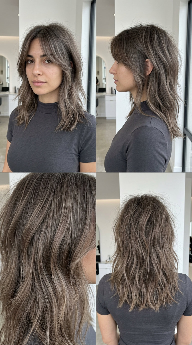 medium messy wolf cut with ash brown color and beige micro-lights for work
