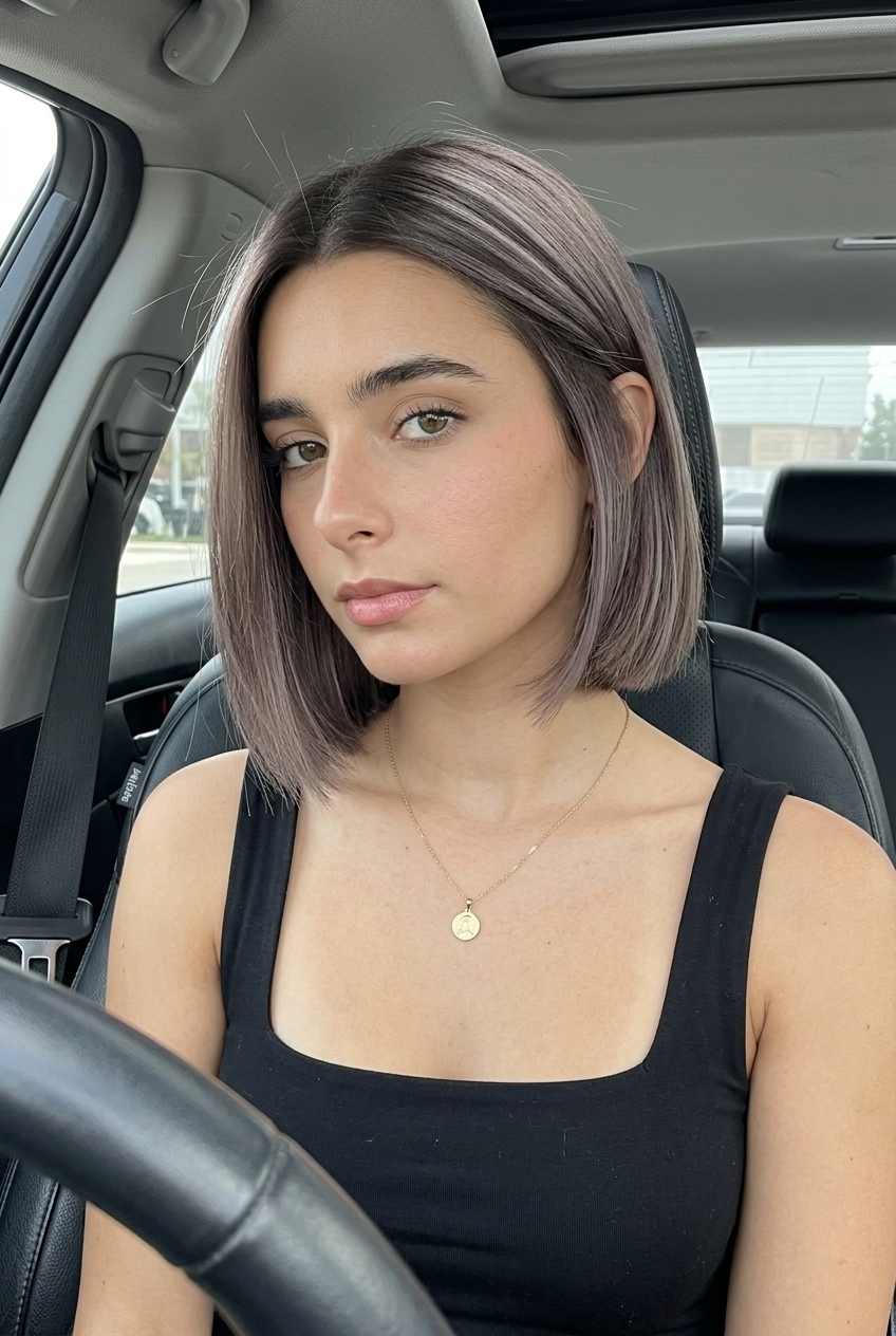 short french bob with cool ash brown, razor-sharp perimeter for professional look