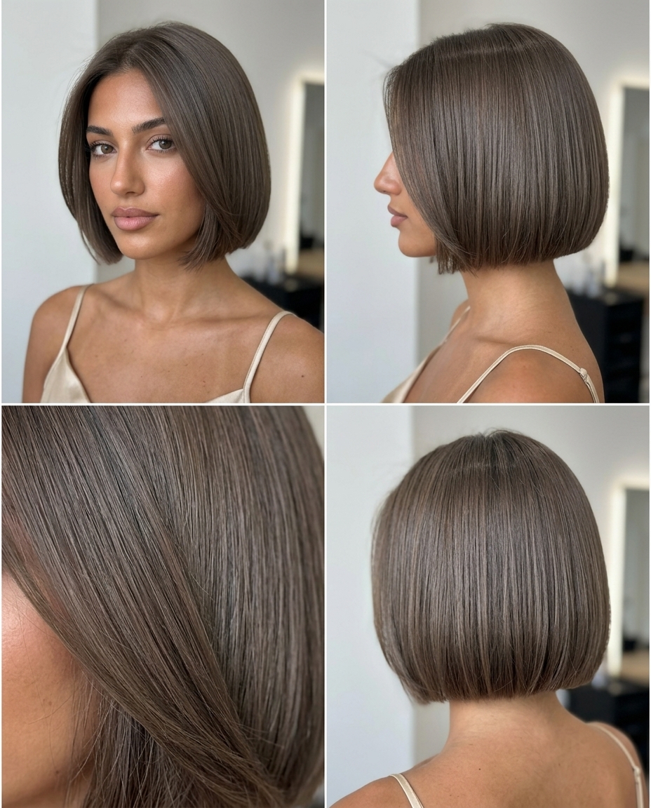 short french bob with cool ash brown, scissor-over-comb technique for professional look