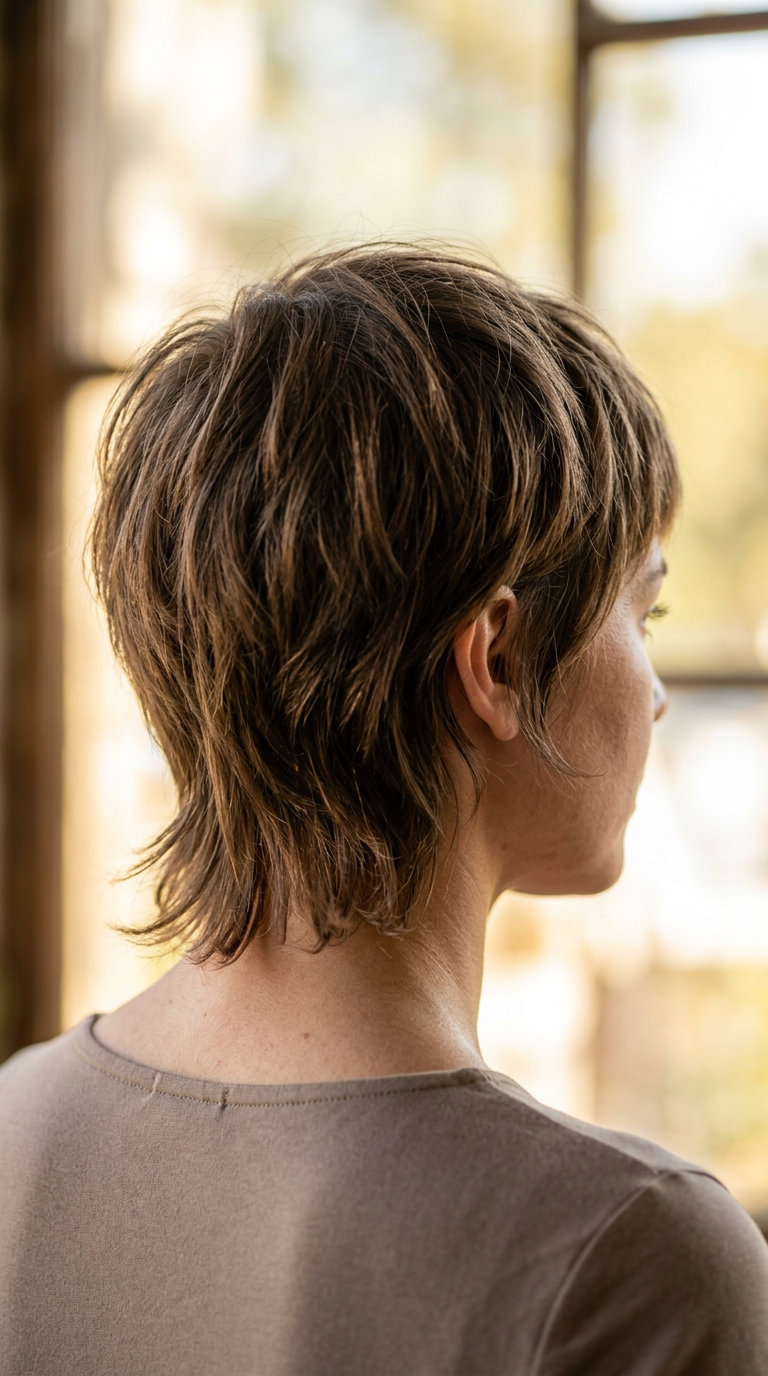 Edgy Summer Mixie 2026 short cool ash brown mixie haircut with razored layers and piecey bangs for summer