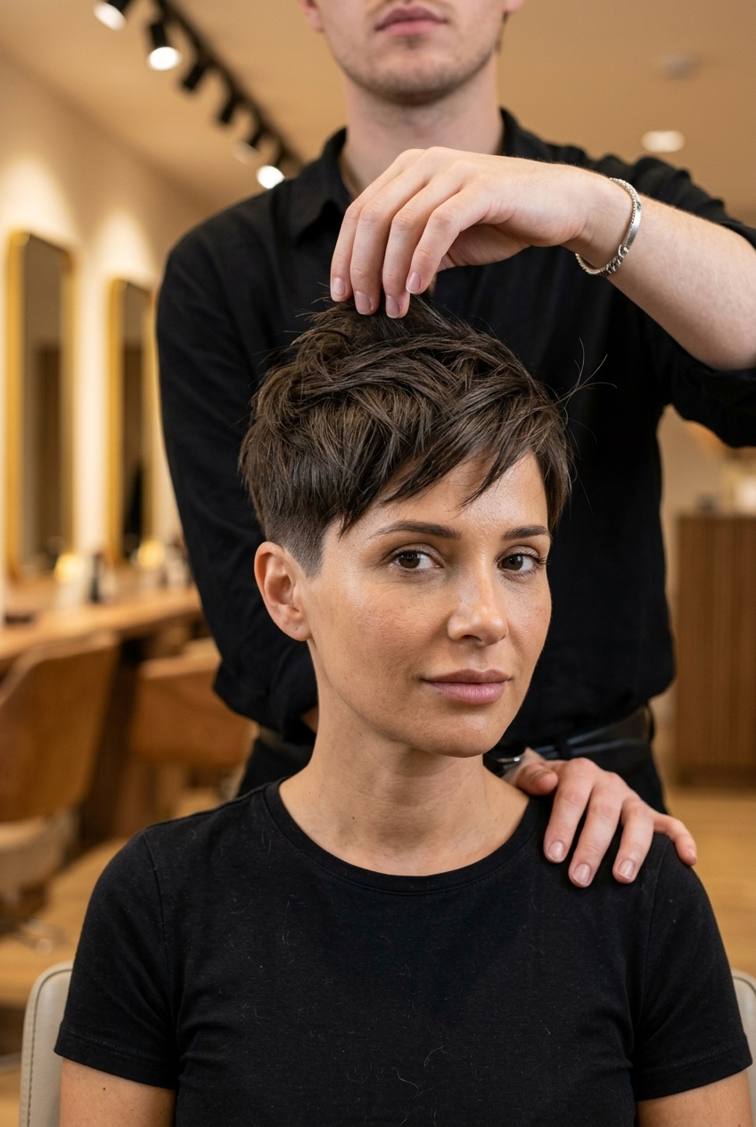 short textured pixie haircut in natural ash brown with clipper fade and piecey fringe for edgy confidence
