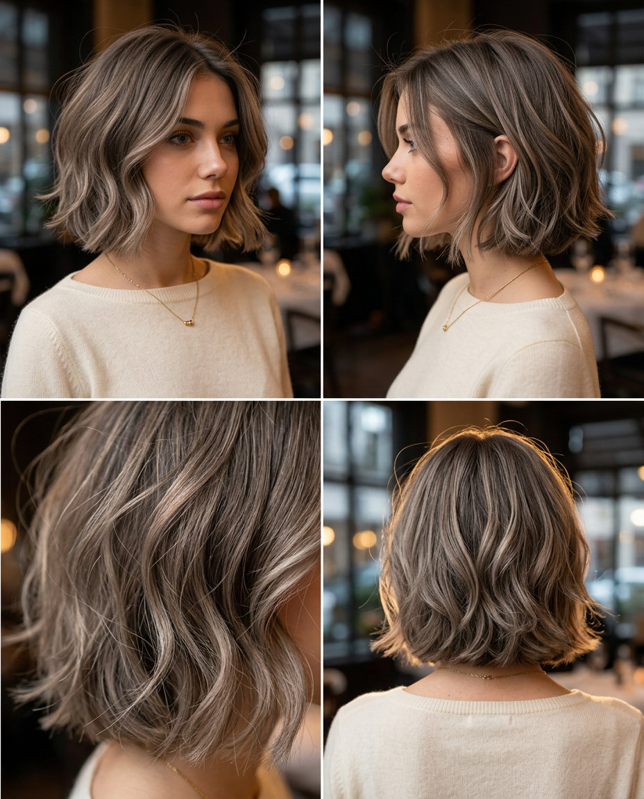 Ash Brown Wavy Bob 2026 short wavy bob haircut in cool ash brown with beige babylights for summer