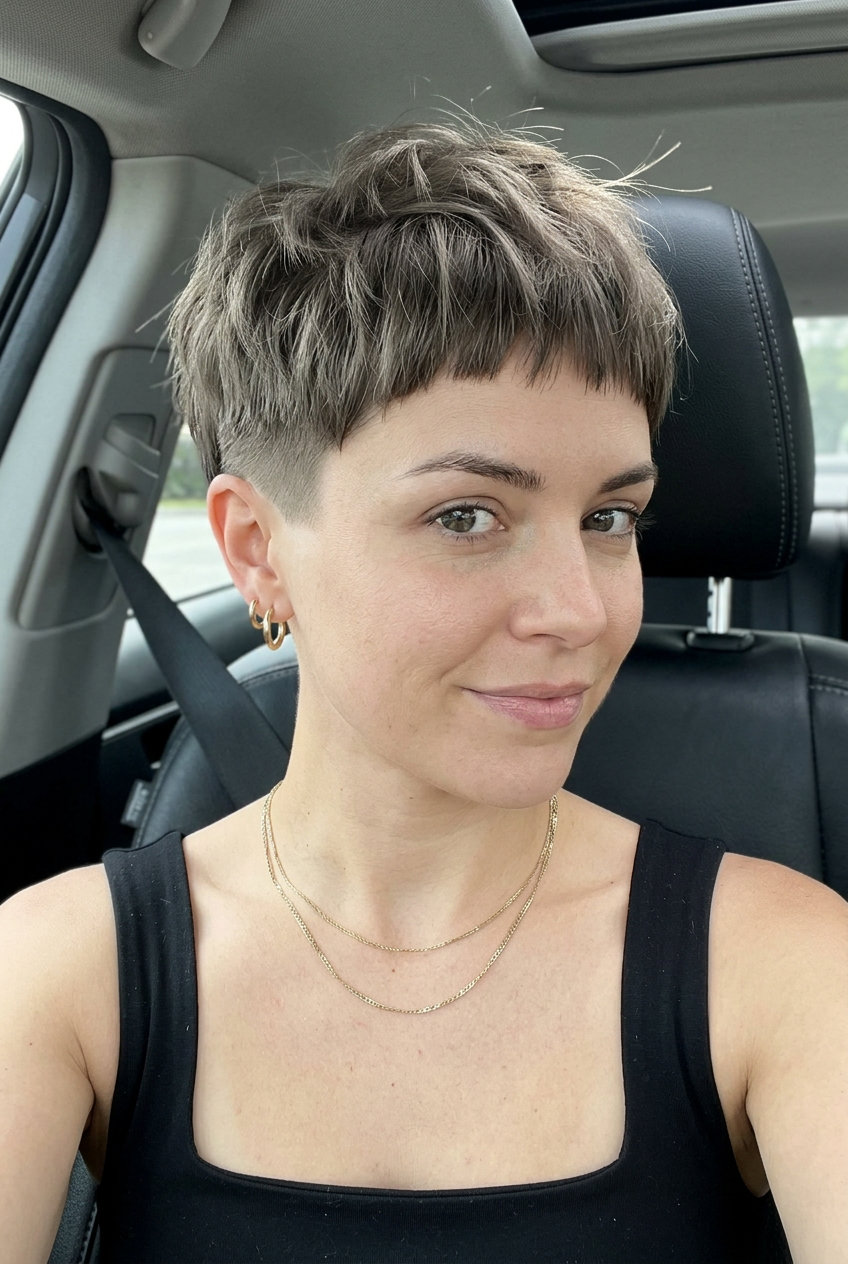 very short pixie haircut with cool ash brunette, razored layers, micro bangs for daily wear
