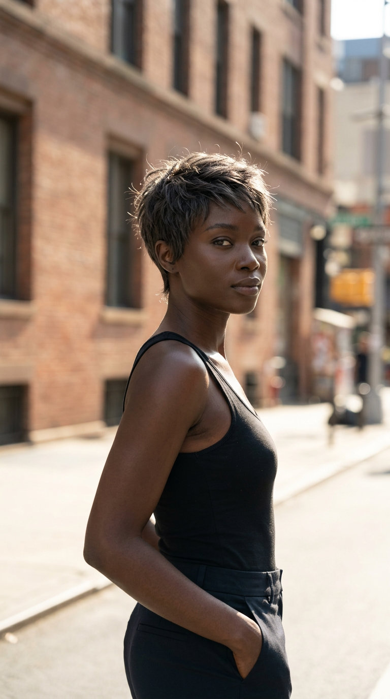 very short textured pixie haircut with ash brown, charcoal micro-highlights, tapered sides for casual wear