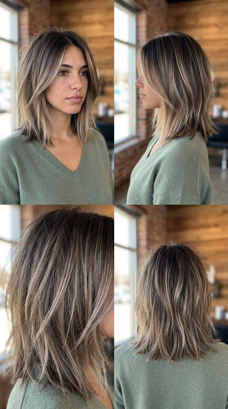 medium textured lob haircut with ash brunette shadow root, choppy razored ends for edgy look