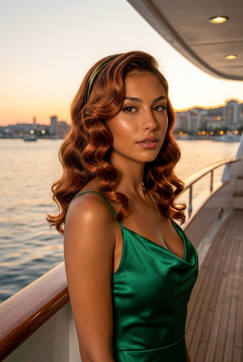 medium auburn pin curls with headband for retro glamour