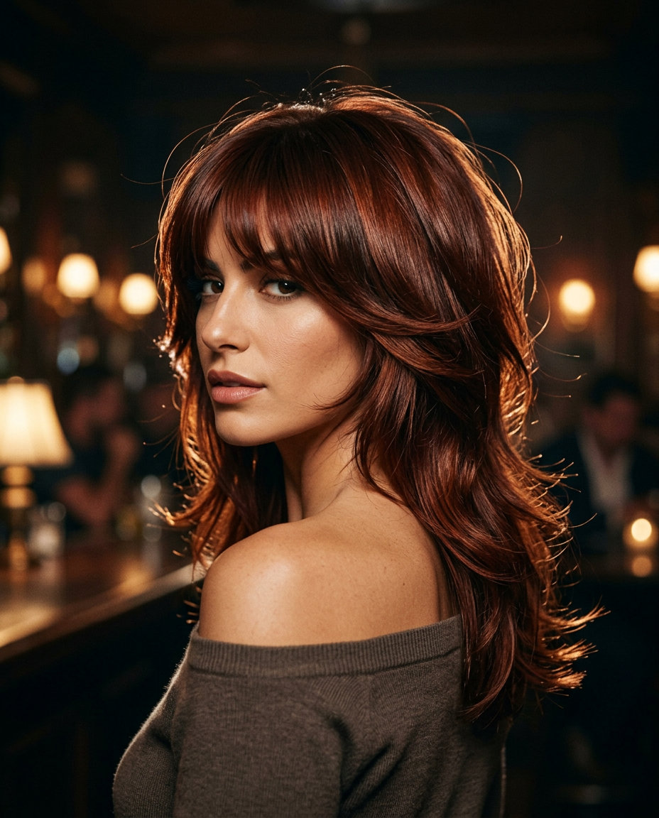 medium auburn shag with copper mahogany undertones, textured layers, full bangs — sultry concert look