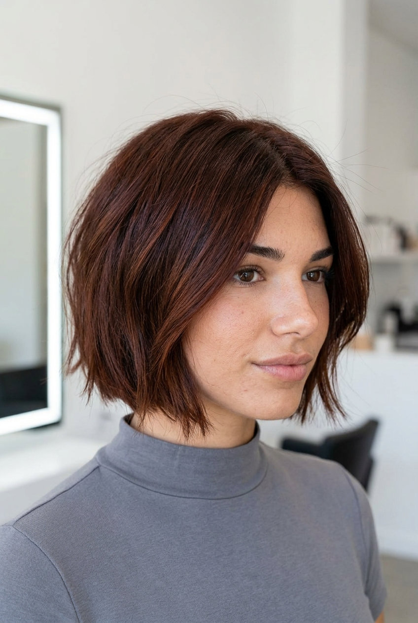 short textured bob haircut with deep auburn, copper-brown, subtle foils — sophisticated professional