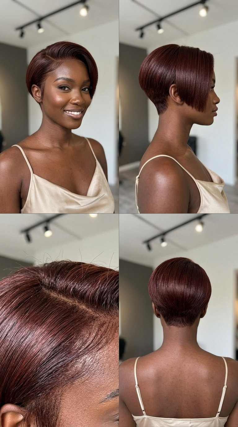 very short blunt pixie haircut with deep auburn, mahogany undertones, high-gloss finish for corporate