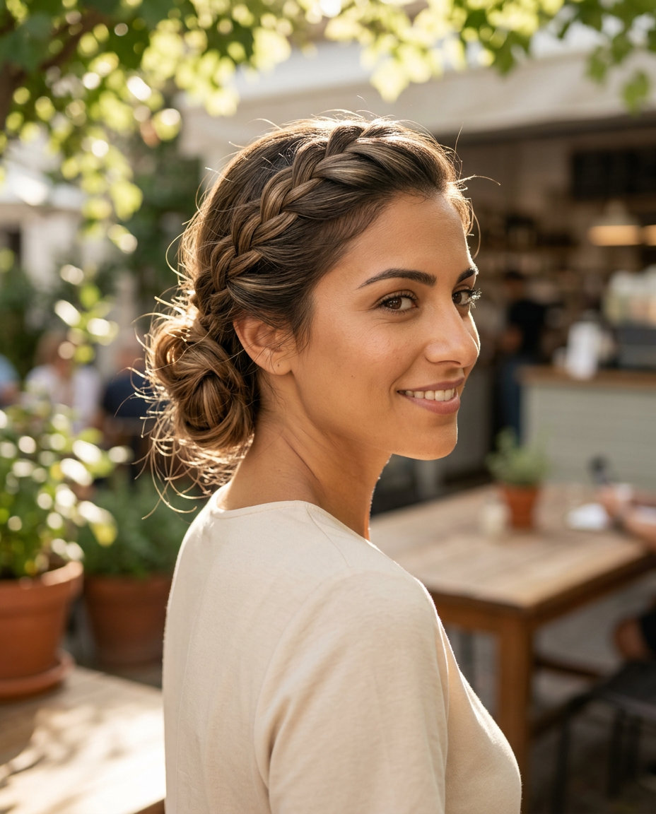 Chic Side Braid Bun 2026: Balayage long braided side bun with dimensional balayage color, French braid, face-framing pieces — chic summer hairstyle 2026