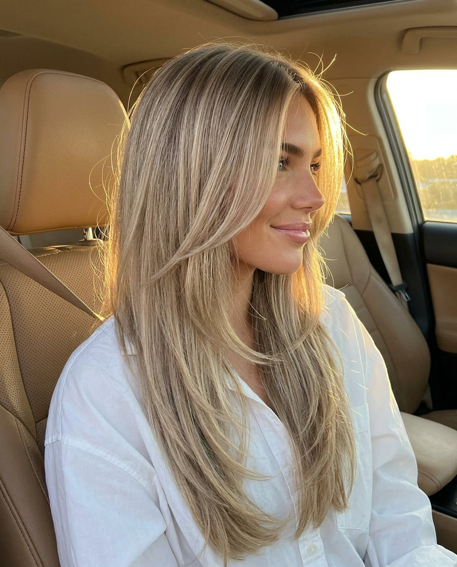 long layered haircut in beige blonde with diffused layers for relaxed weekend wear