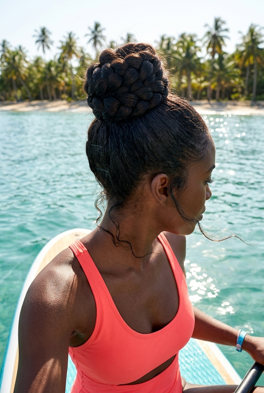 Sleek Braided High Bun: Medium Hair 2026 medium braided high bun with natural black hair, sleek finish, no fringe — professional & chic
