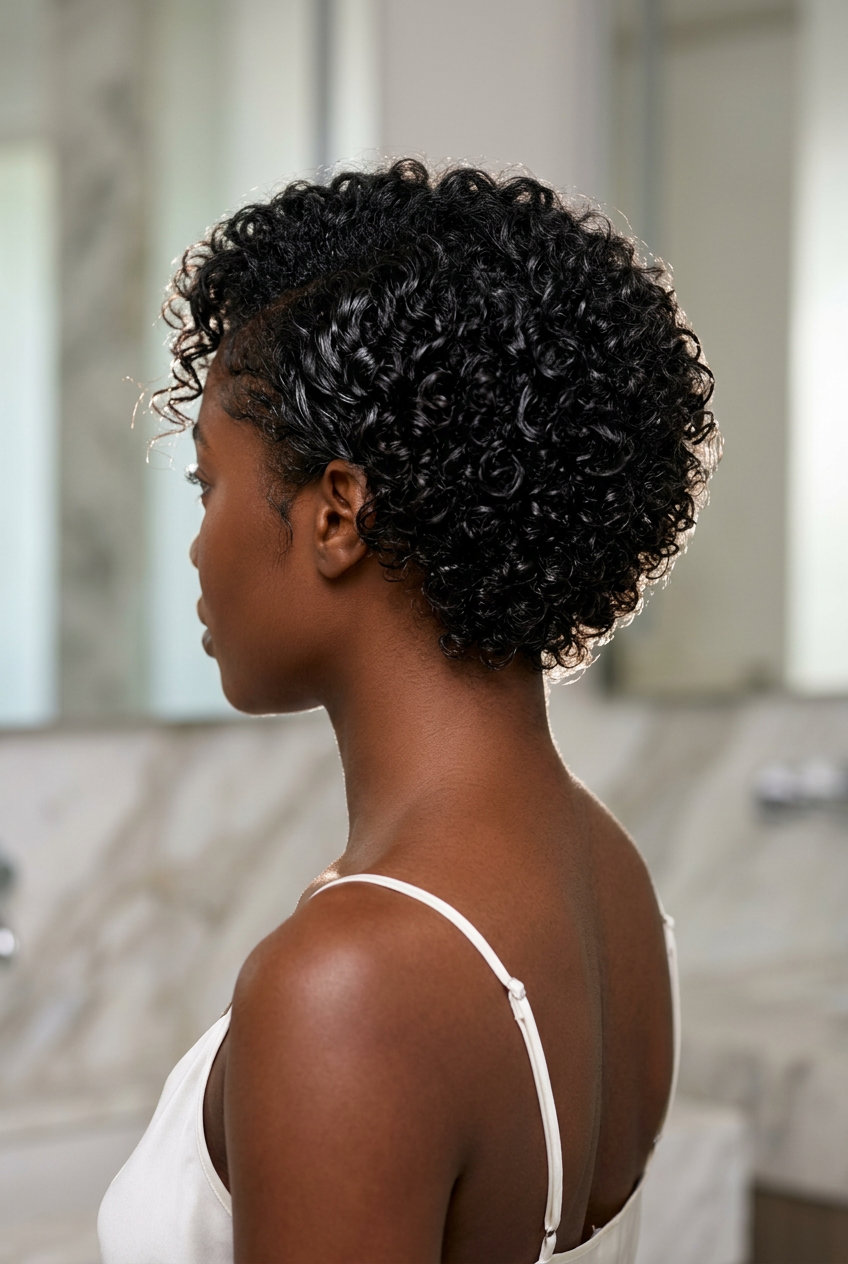 Sculpted Onyx Curly Cut 2026 short curly cut in natural black with sculpted curls and tapered nape for minimalist chic
