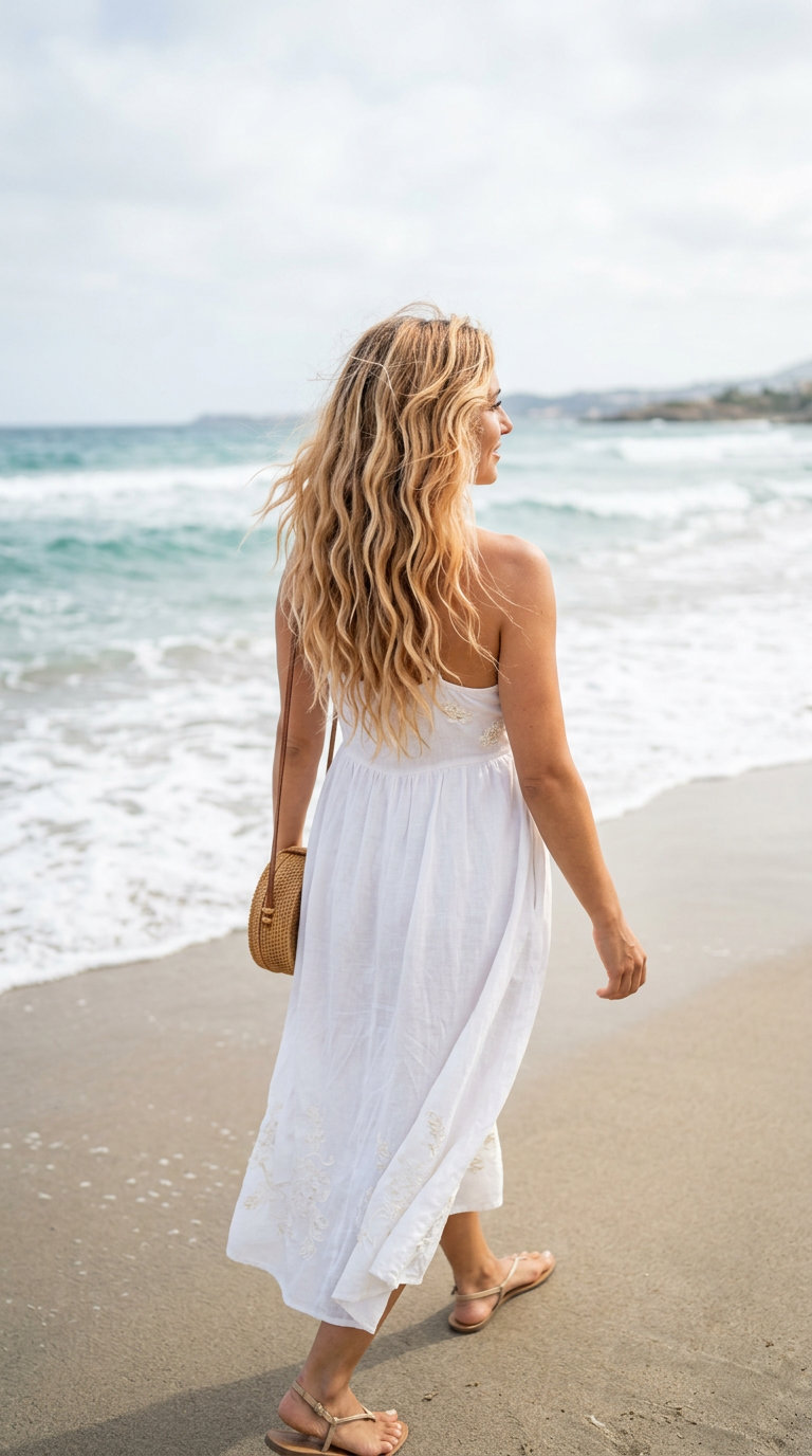 long tousled mermaid waves with buttercream blonde and warm gold, scrunching technique, bohemian mood for beach days