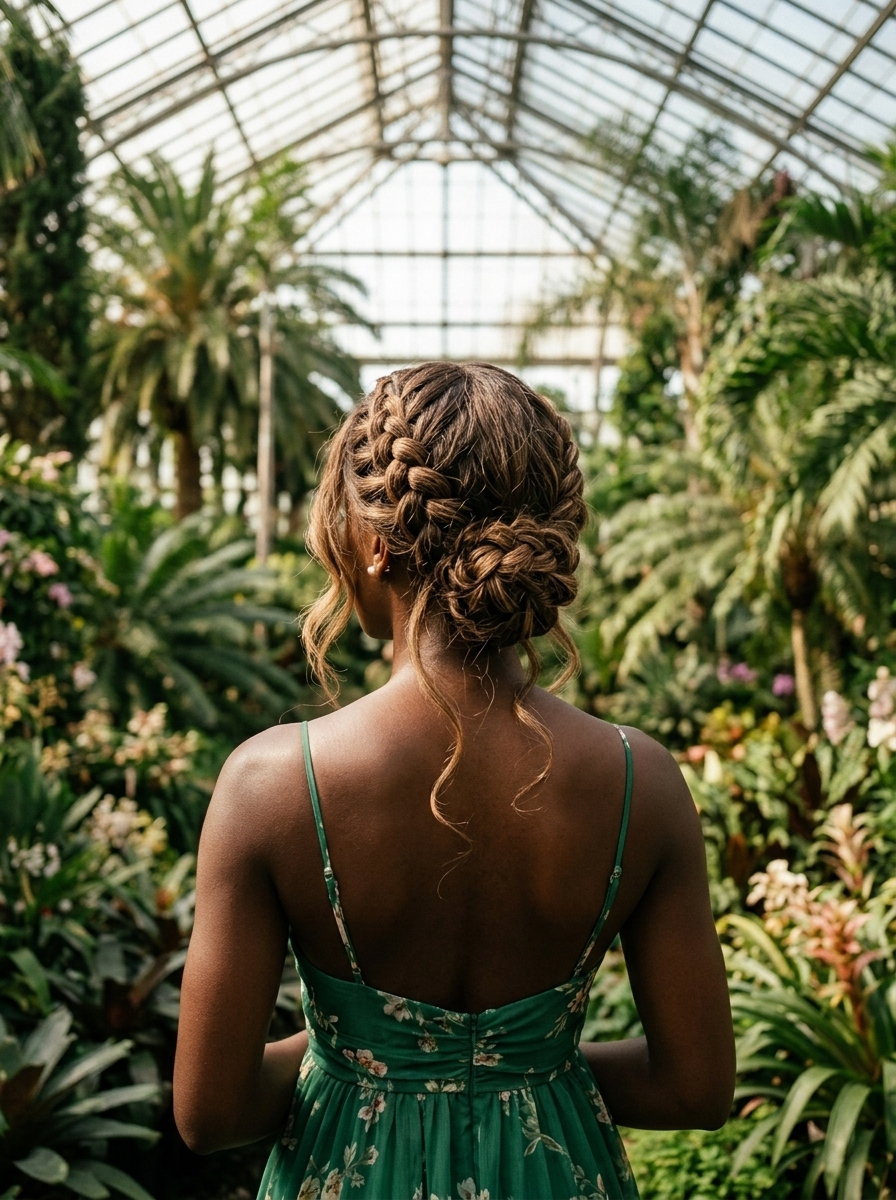 medium braided crown with sun-kissed highlights, French braiding technique, romantic mood for summer weddings