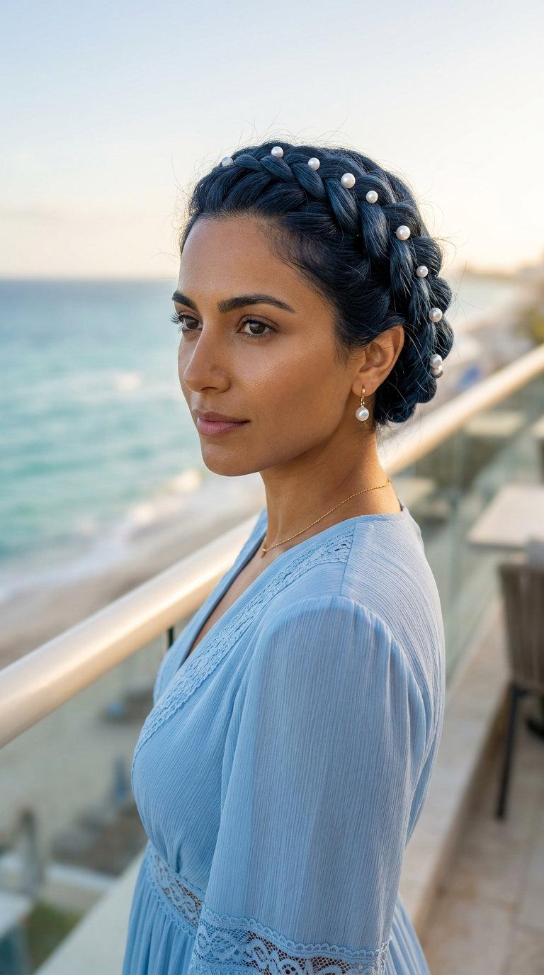 Ethereal Pearl Crown Braid Hairstyle 2026 long blue-black crown braid with violet undertones, pearl embellishments, no fringe — elegant wedding guest look