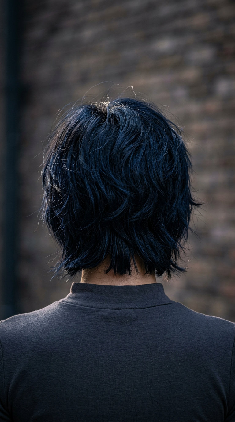 short shag haircut in midnight blue-black with choppy layers and face-framing fringe for grunge