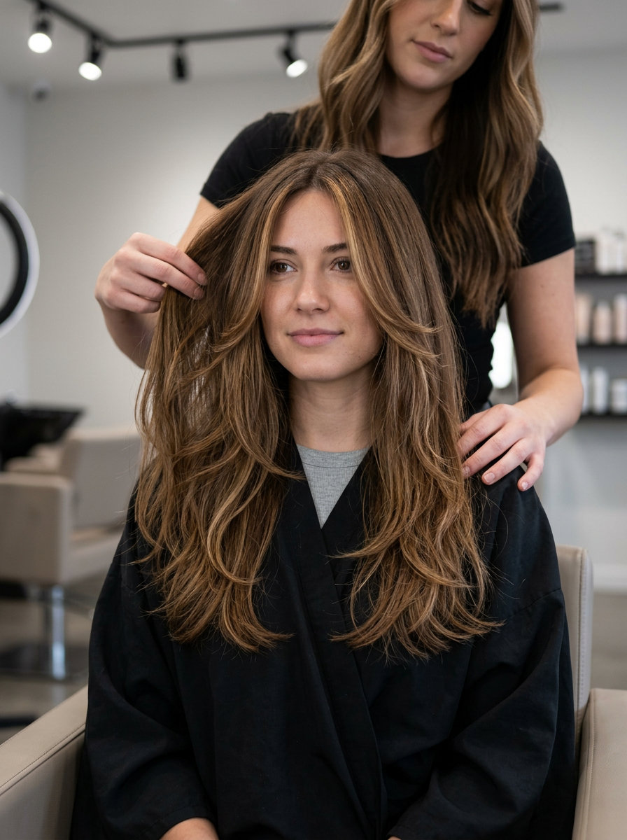 long layered haircut in warm brown with honey-caramel balayage, face-framing layers for Y2K aesthetic