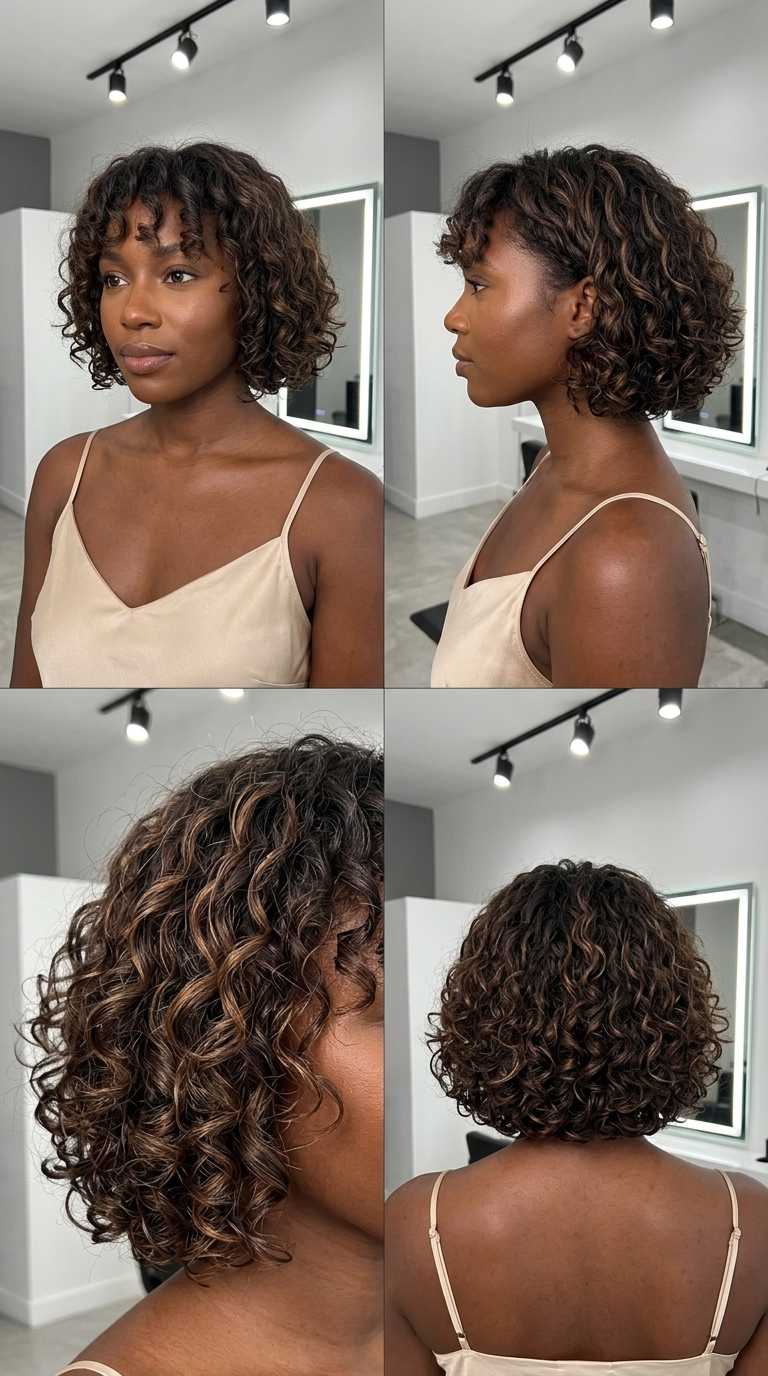 short french bob haircut in deep natural brown with caramel pintura highlights, sculpted curls, curly fringe — playful natural look