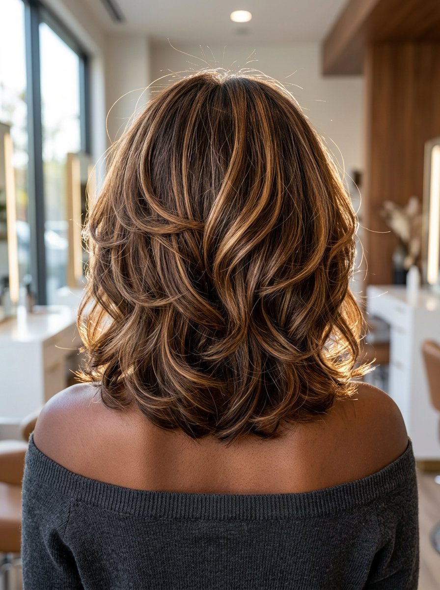 medium butterfly lob haircut with rich brunette, caramel balayage, face-framing layers — romantic voluminous style