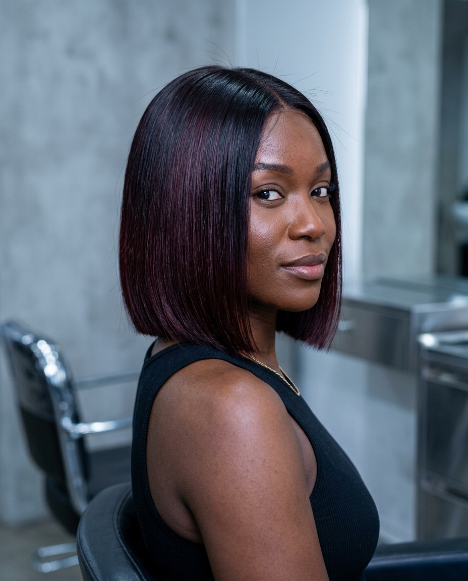 lip-length blunt bob haircut with deep brunette, red-violet reflections, graphic perimeter — mysterious