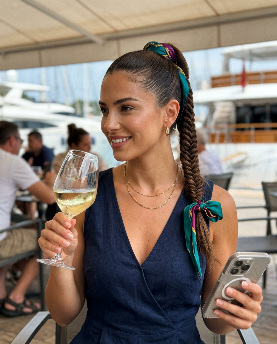 Fishtail Power Pony 2026 long espresso brunette fishtail braid with jewel-toned scarf and sleek edges for summer 2026