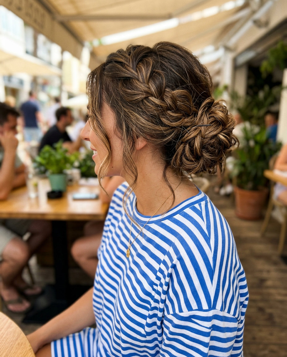 Messy Brunette Top Knot 2026 long brunette messy top knot with loose ends for relaxed vibe