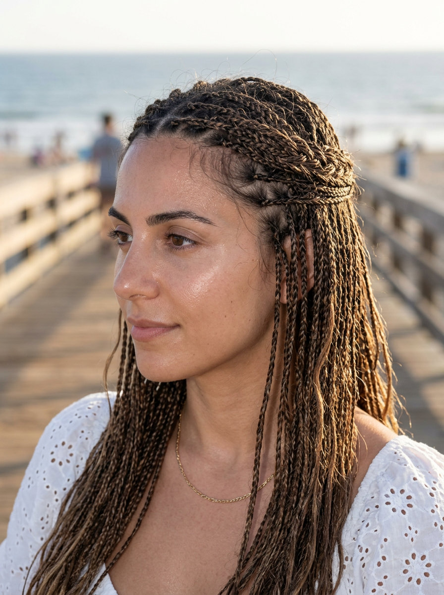 Micro-Braided Halo 2026 long multi-tonal brunette micro-braided halo with caramel accents for summer 2026