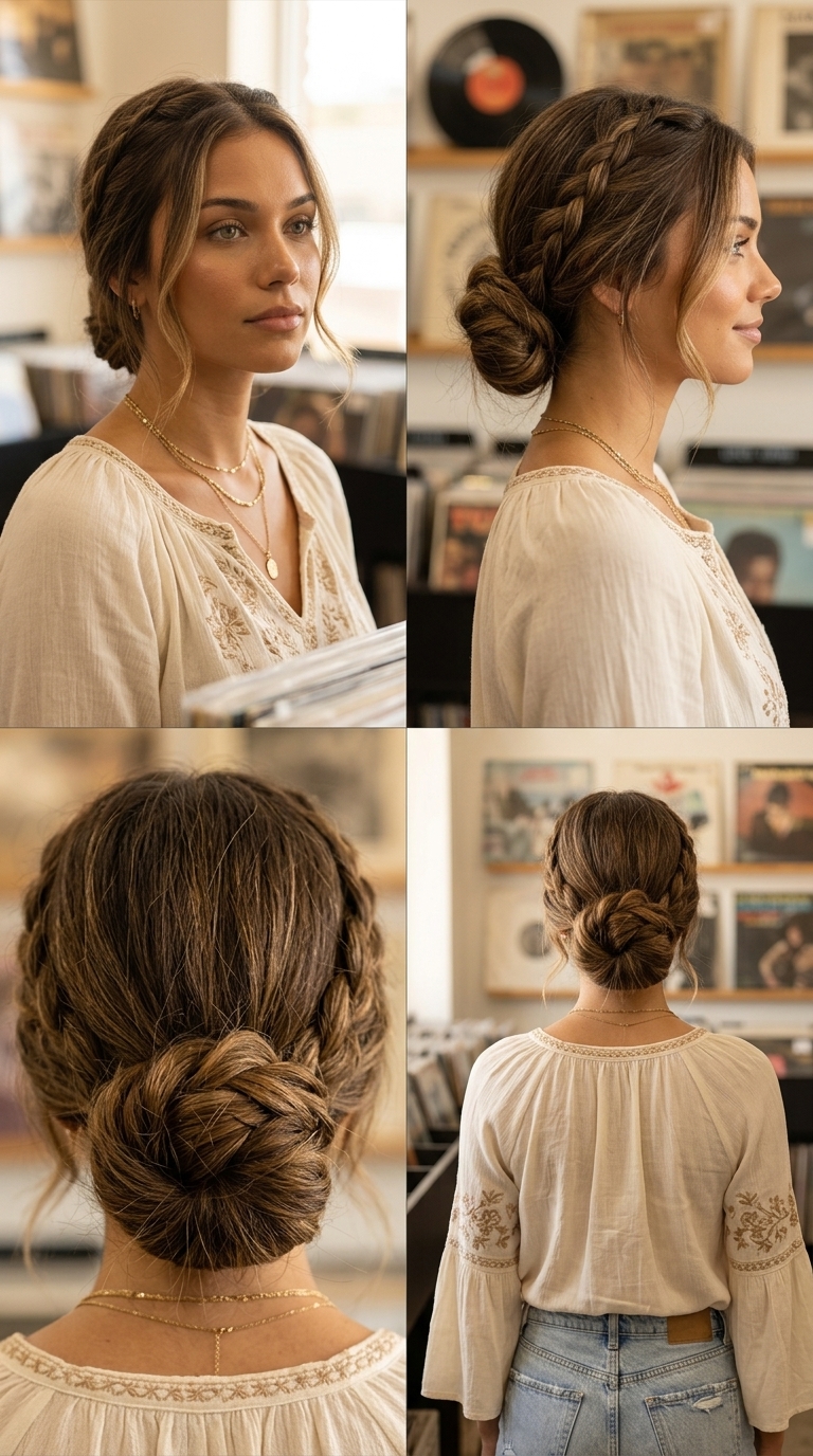 Bohemian Braid Bun: Effortless Updo 2026 long brunette bohemian braid bun with subtle highlights, messy texture, face-framing pieces — boho casual updo