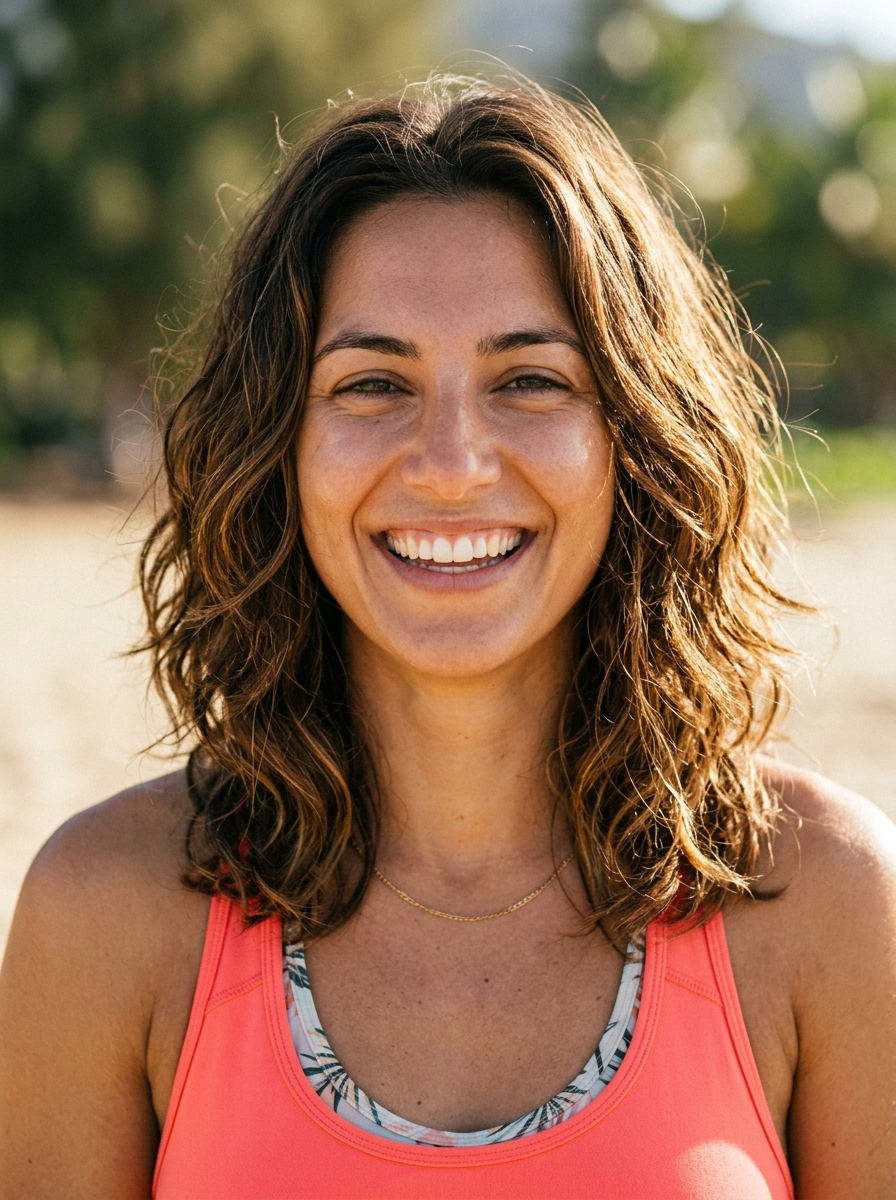 medium wavy hairstyle with syrup brunette and chocolate tones, natural waves, no fringe — relaxed weekend casual