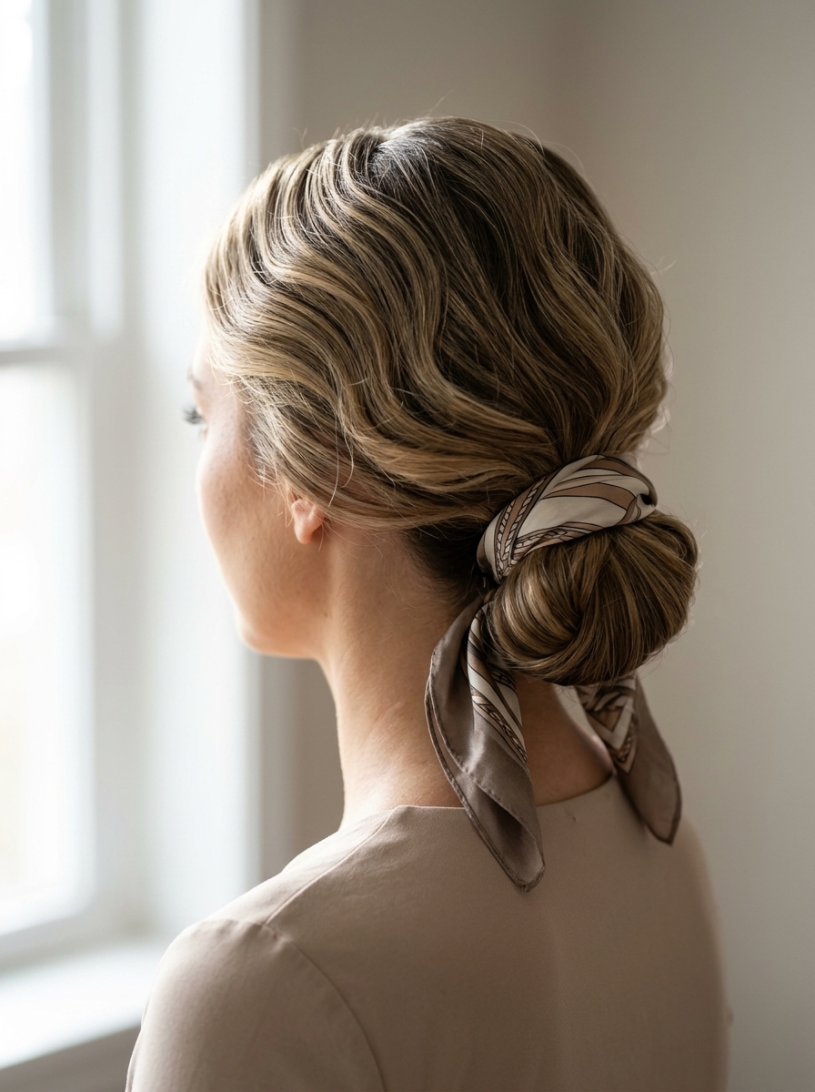 medium wavy hairstyle with rich brunette tones, updo with scarf, no fringe — sophisticated professional zoom call
