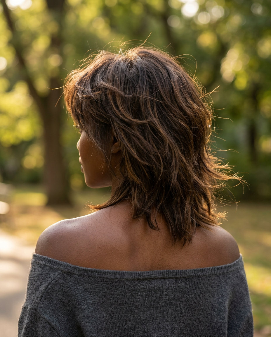 medium messy wolf cut with natural brunette and caramel lowlights, diffused layers, wispy bangs — effortless, chic