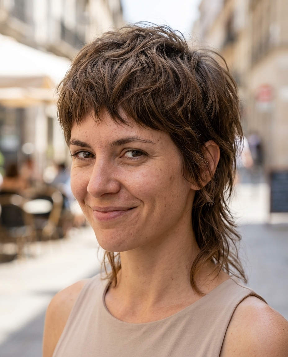 short pixie-mullet haircut with natural brunette and subtle balayage, razored texture for summer