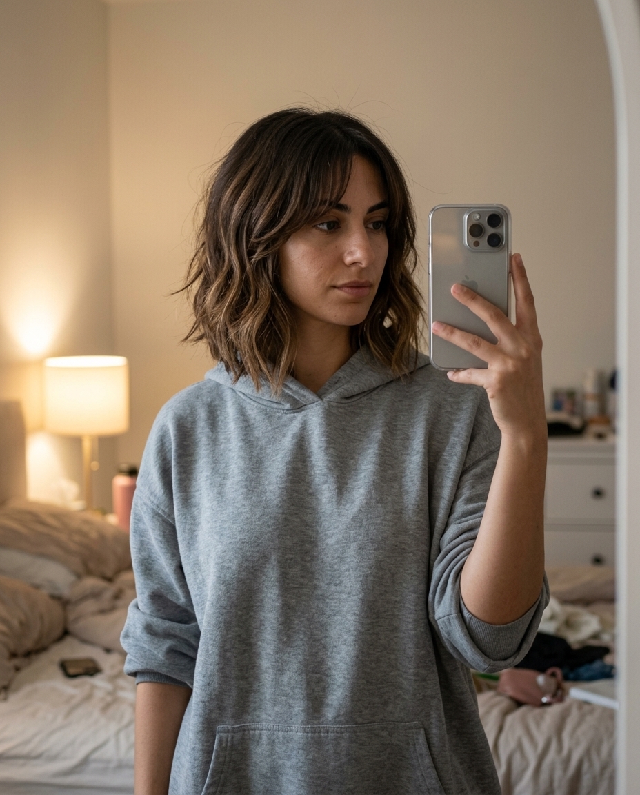 Undone Wave Choppy Bob 2026 shoulder-length choppy bob with natural brunette, caramel lowlights, soft cascading layers, curtain bangs for daily wear