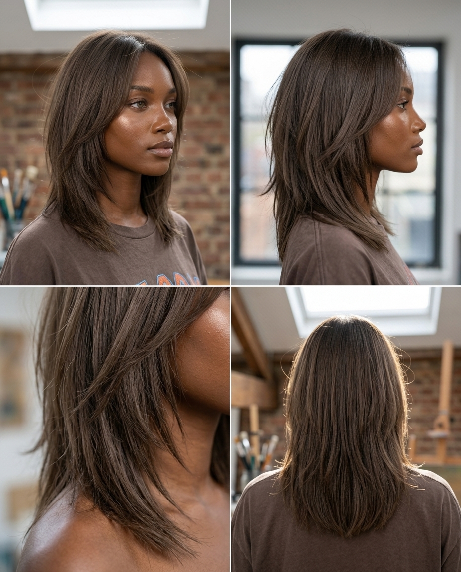 Grunge Bob Hairstyle 2026: Brunette Layers shoulder-length brunette layered hairstyle with choppy texture and lived-in ends for summer