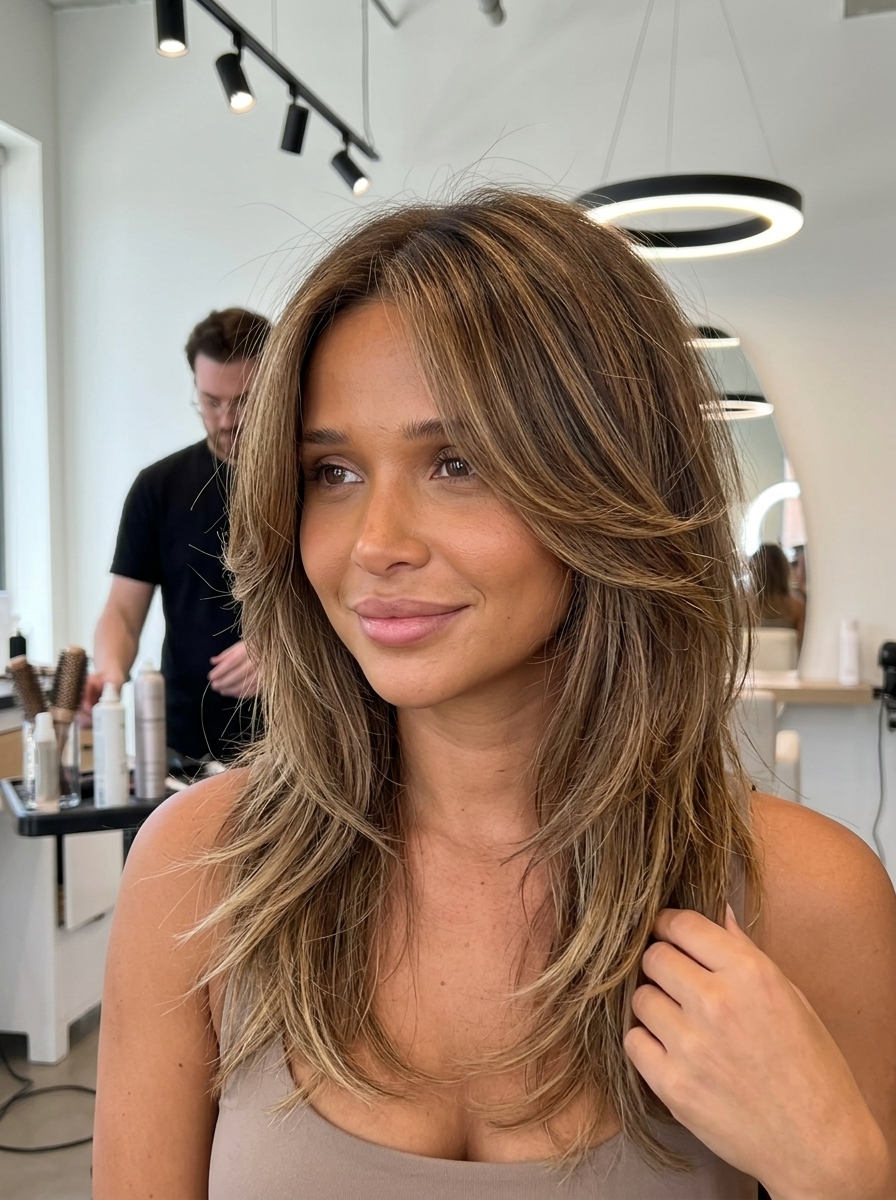 shoulder-length wolf cut in lived-in brunette with golden balayage and curtain bangs for bohemian vibes