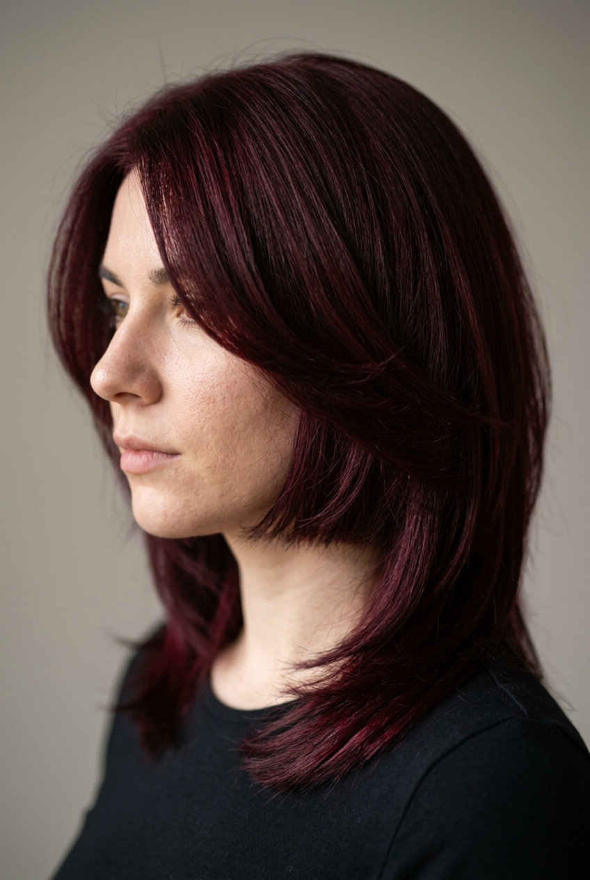 long layered haircut in deep burgundy with violet-red undertones, sculpted internal layers — bold formal event
