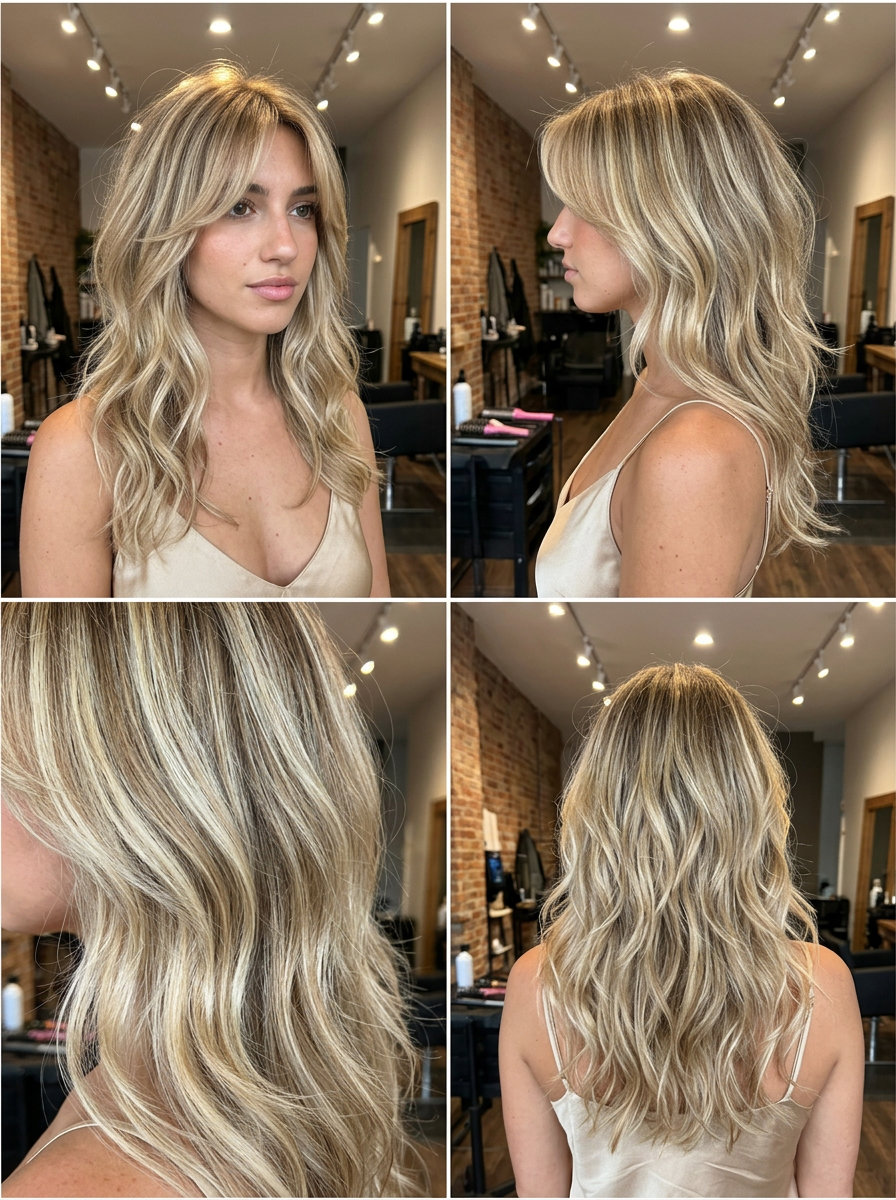 long messy wolf cut with warm butter blonde balayage and curtain bangs for summer