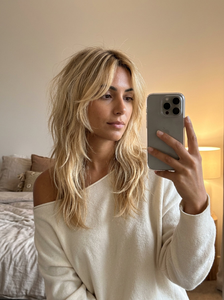 long messy wolf cut with pale butter blonde and golden highlights, soft layers, curtain bangs — effortless, beachy