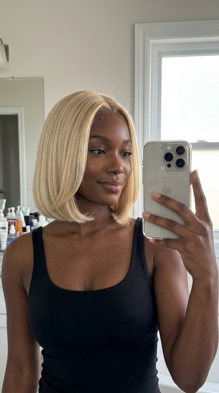 jawline blunt bob haircut with buttercream blonde, babylights, no fringe — romantic date night