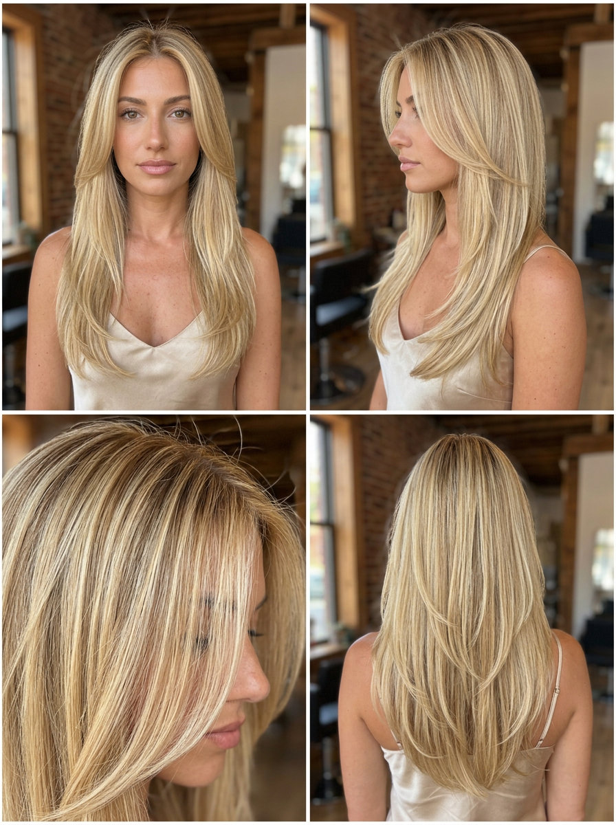 long butterfly haircut in buttercream blonde with babylights and honey lowlights for glamorous events