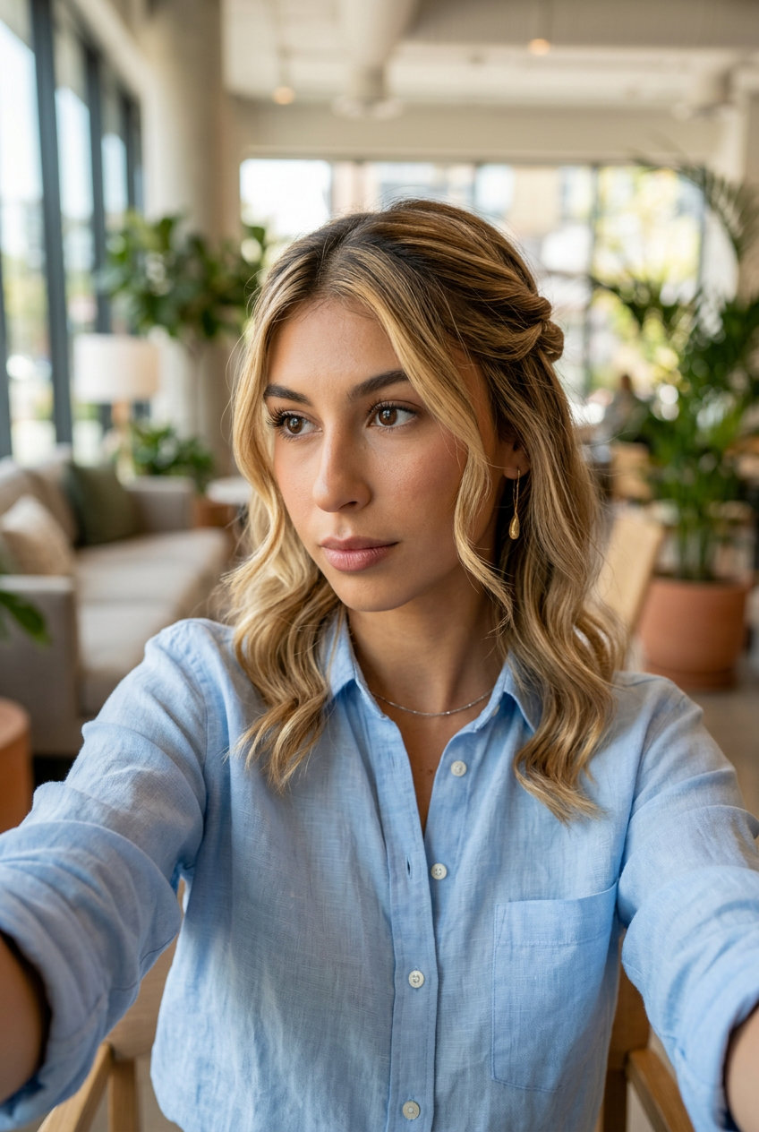 long buttercream blonde half-up crown with soft twists and face-framing pieces for summer work