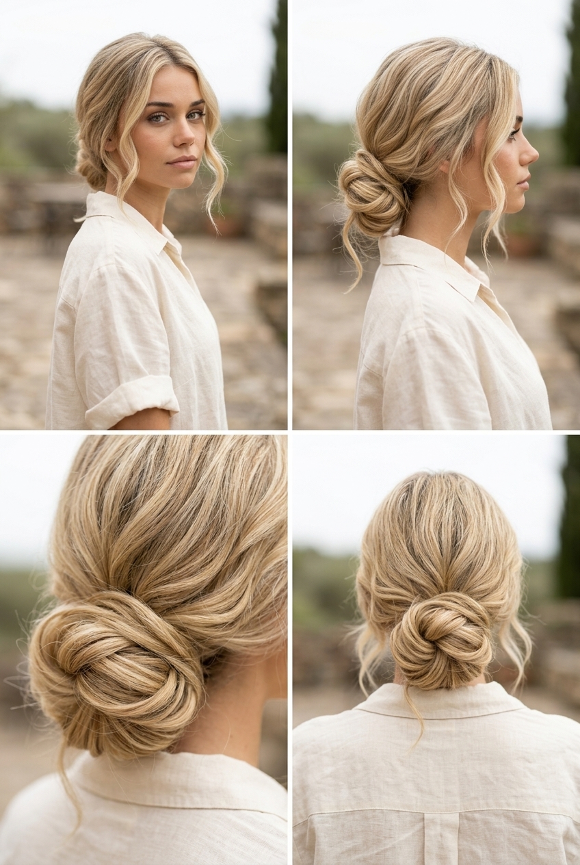 Wavy Low Bun: Romantic Updo 2026 long buttercream blonde wavy low bun with golden lowlights, undone texture, face-framing tendrils — romantic soft updo