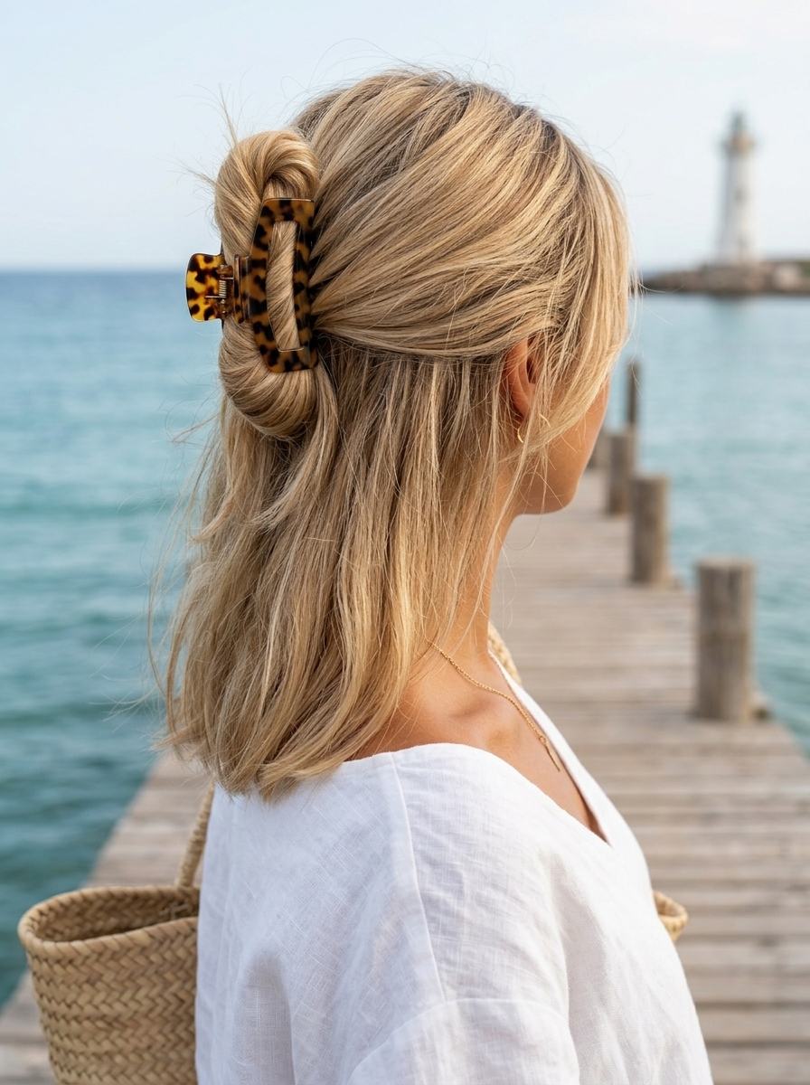 medium warm buttercream blonde half-up twist with honey babylights and face-framing tendrils for summer