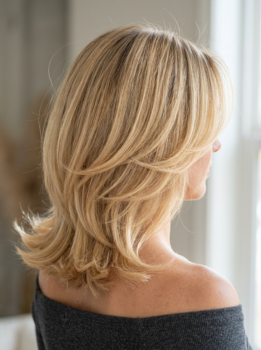 Buttercream Blonde Layered Haircut 2026 medium layered haircut with buttercream blonde color, rounded layers, curtain bangs — retro glam look