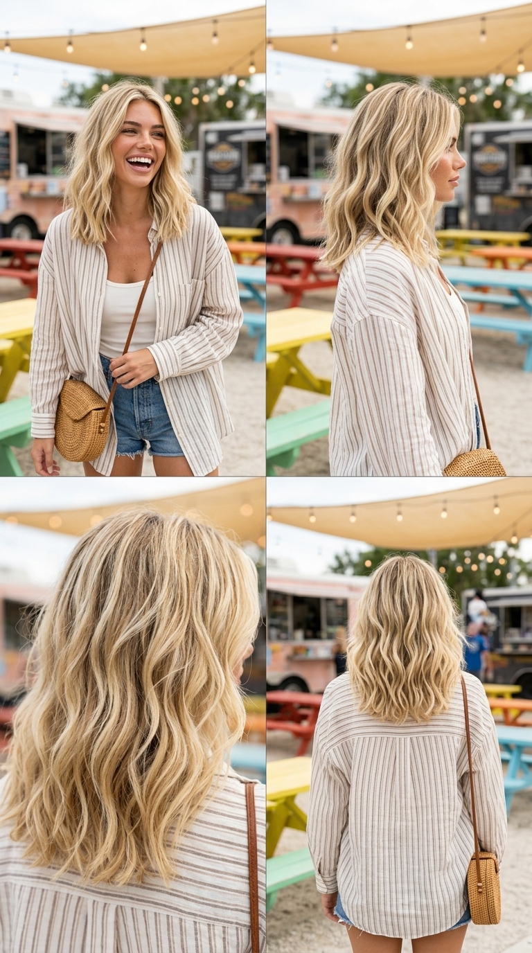 medium buttercream blonde wavy lob with warm gold and sun-kissed highlights for beach days