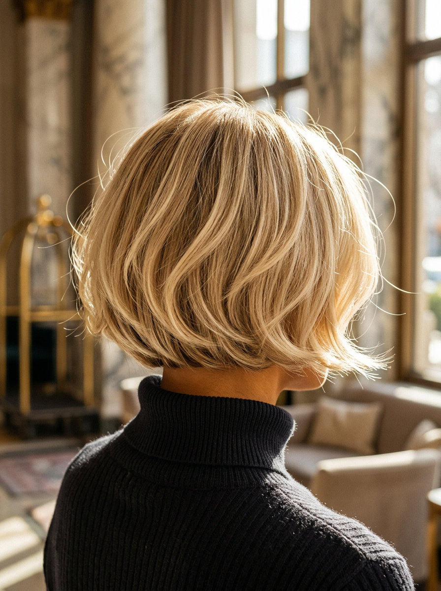 short french bob with buttercream blonde, internal layering for romantic look