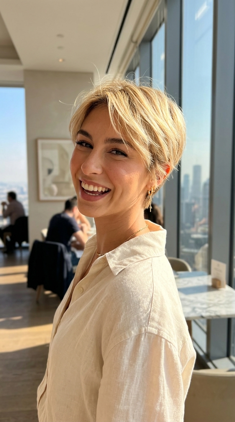 Buttercream Blonde Pixie 2026 short layered pixie with buttercream blonde and honey babylights, soft root smudge for beach vacation